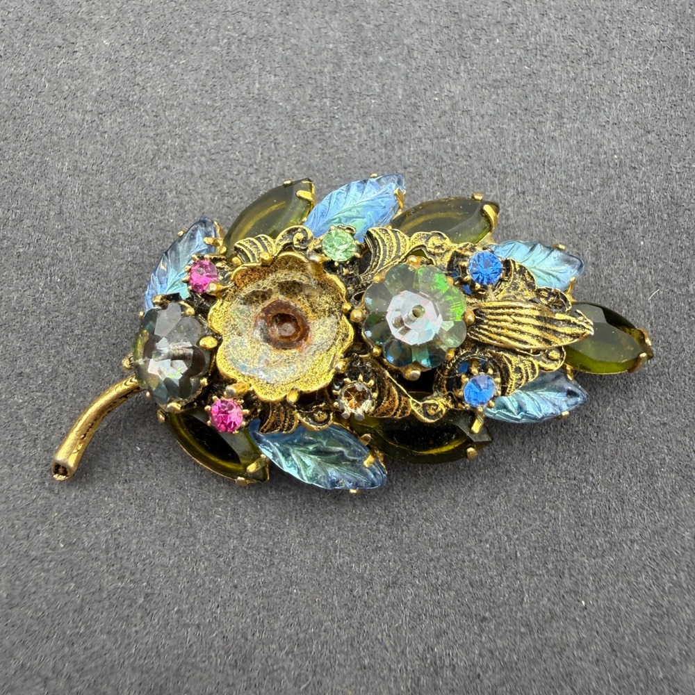 Floral Leaf Brooch Rhinestone Glass Multi-Color Botanical Gold Tone Pin